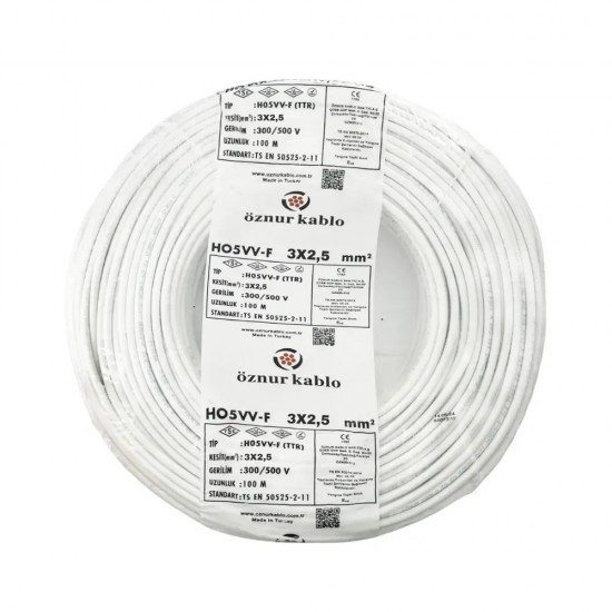 Öznur 3x2.5 mm TTR Kablo 1 metre H05VV-F Beyaz, oznurkablottr3x2.5ttr-Silver Technology